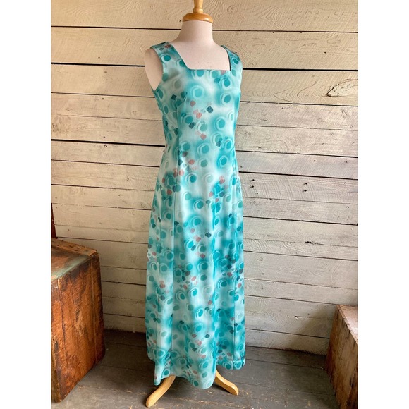 70s green polyester maxi dress Hal Ferman square neck sleeveless - 1970s - Picture 8 of 8